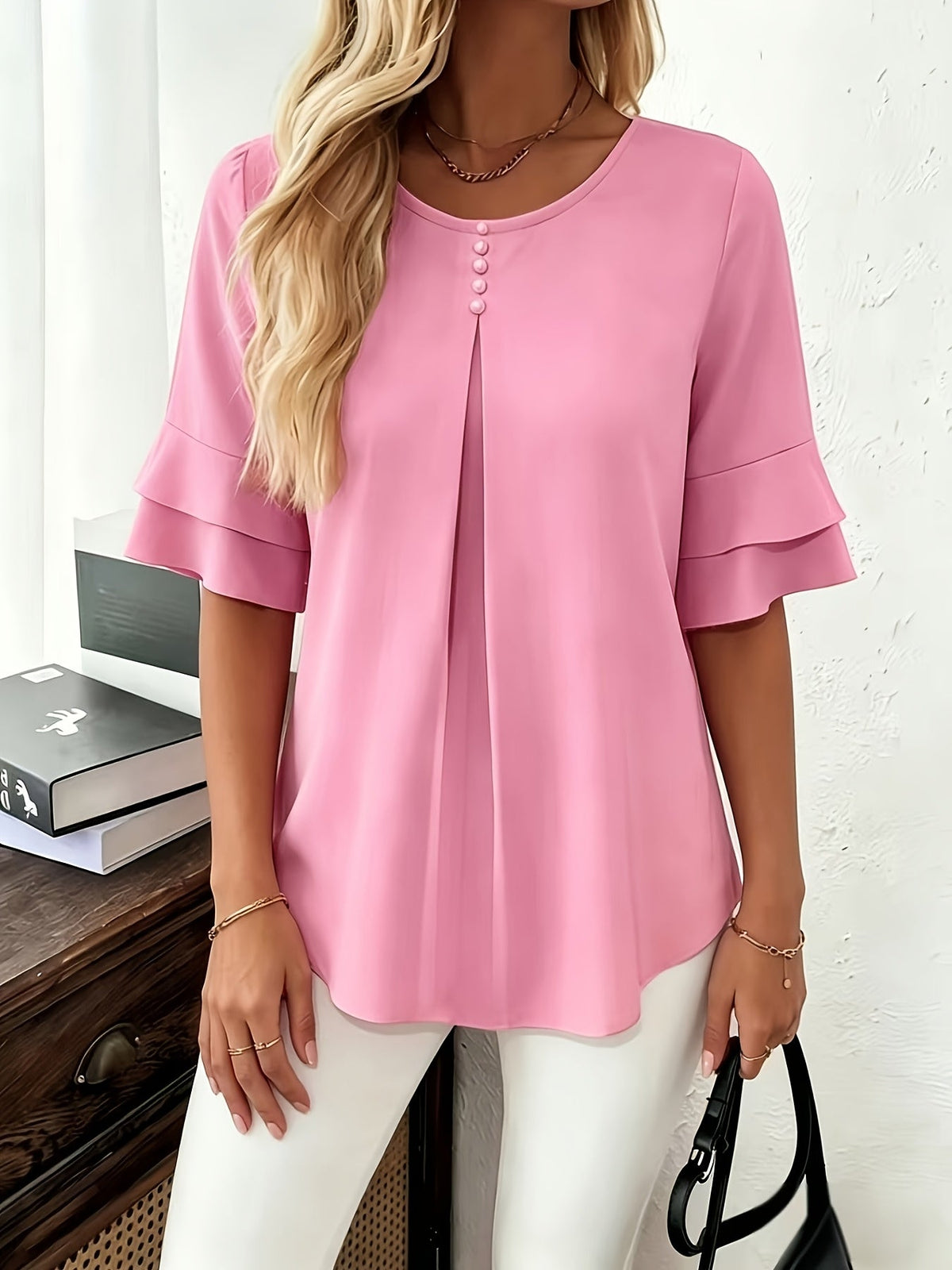 Softly Draped Ruffle-Sleeve Blouse