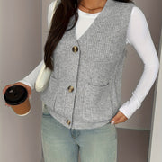 V-Neck Knit Sleeveless Button-Front Vest