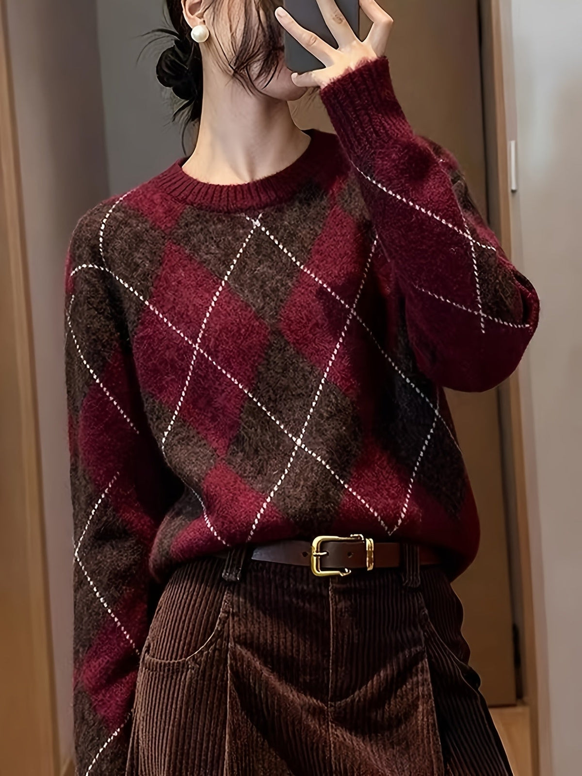 Diamond-Check Crew Neck Knit Jumper