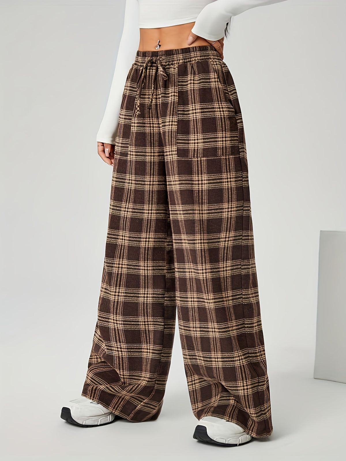 Checked Wide-Leg Drawstring Trousers