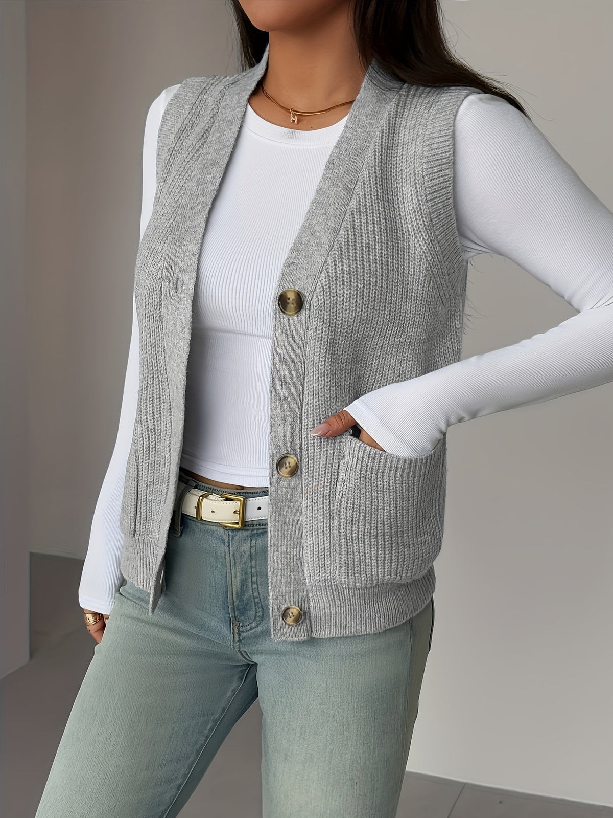V-Neck Knit Sleeveless Button-Front Vest