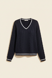 Cable Knit V-Neck Striped Sweater