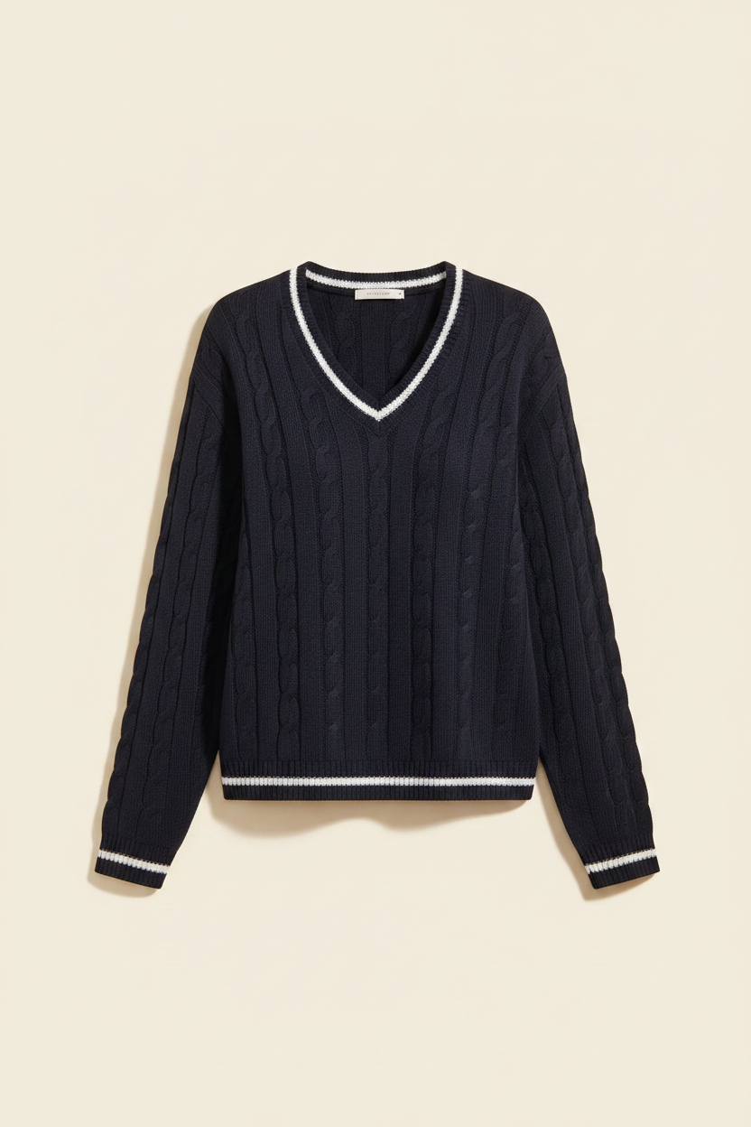 Cable Knit V-Neck Striped Sweater