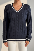 Cable Knit V-Neck Striped Sweater