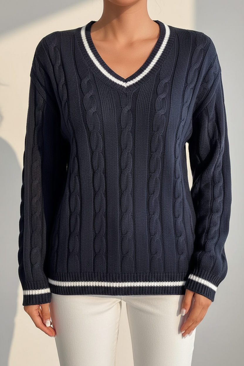 Cable Knit V-Neck Striped Sweater