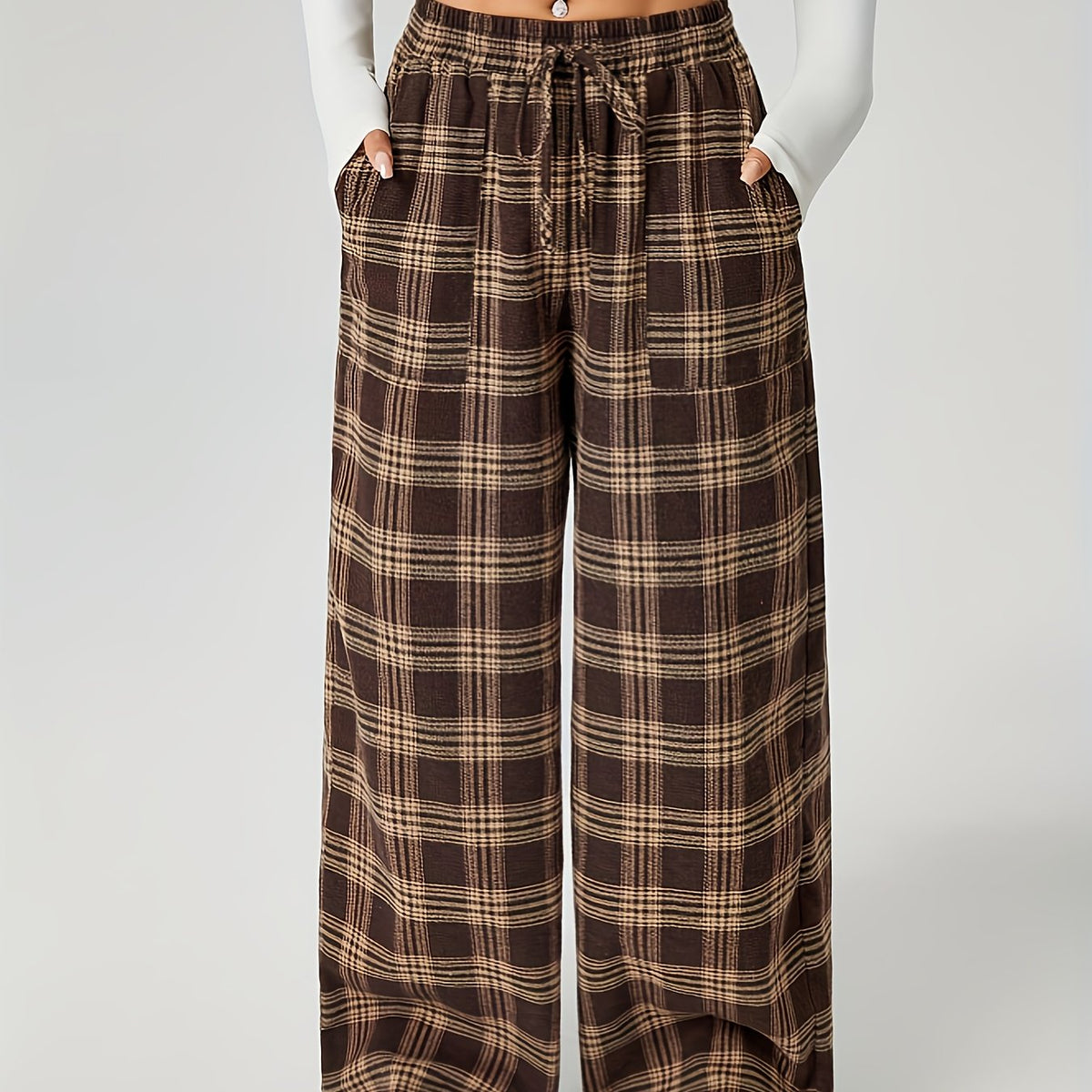 Checked Wide-Leg Drawstring Trousers