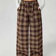 Checked Wide-Leg Drawstring Trousers