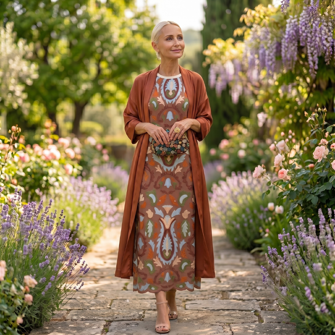 Long Printed Dress with Coordinated Waistcoat