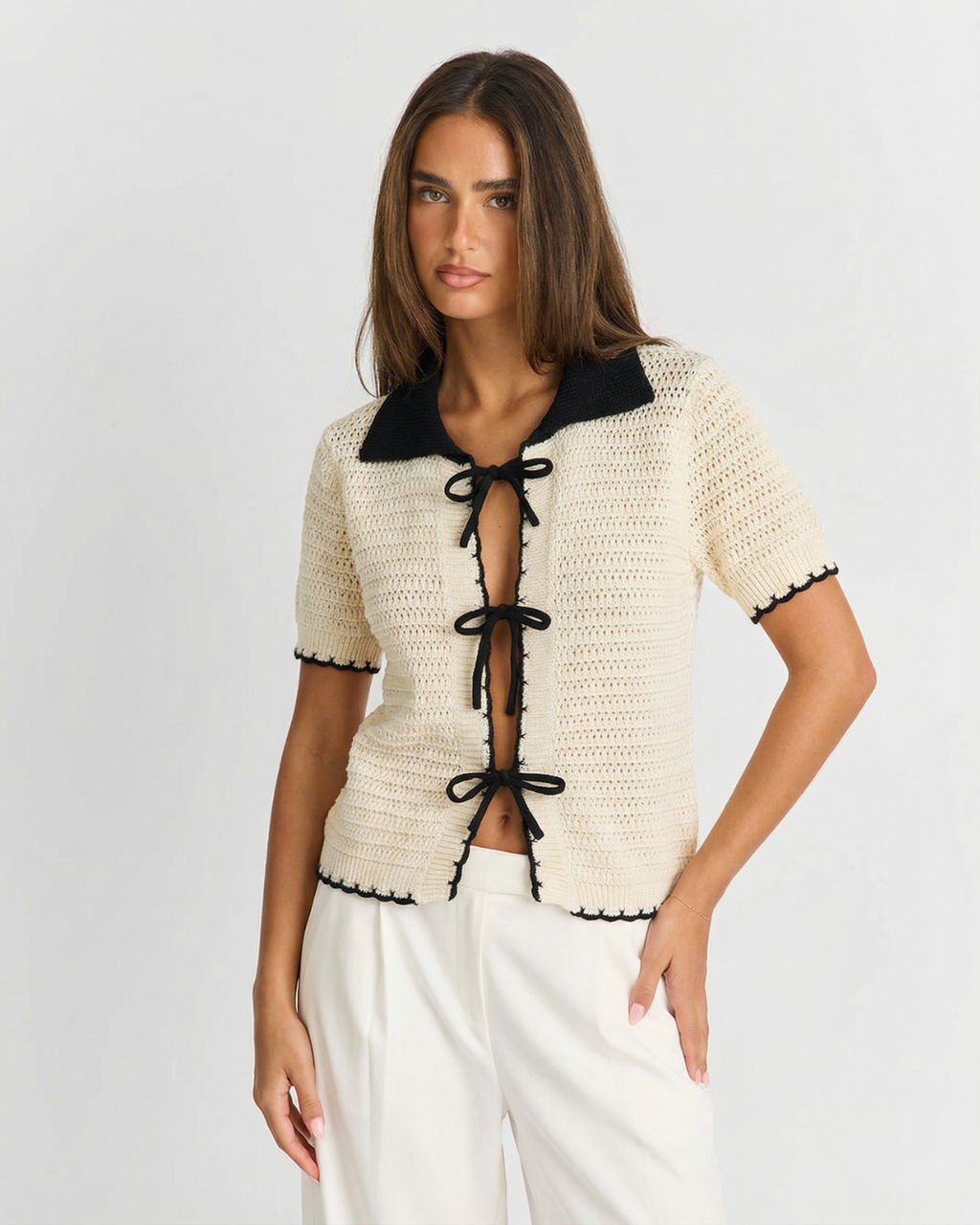 Tie Front Cropped Knit Cardigan