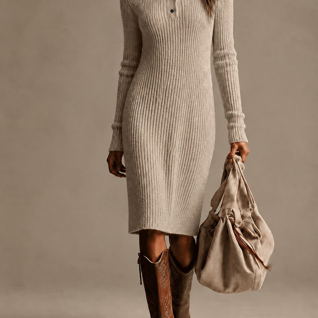 Ribbed V-Neck Knit Midi Dress