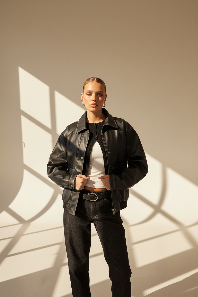 Oversized Faux Leather Bomber Jacket