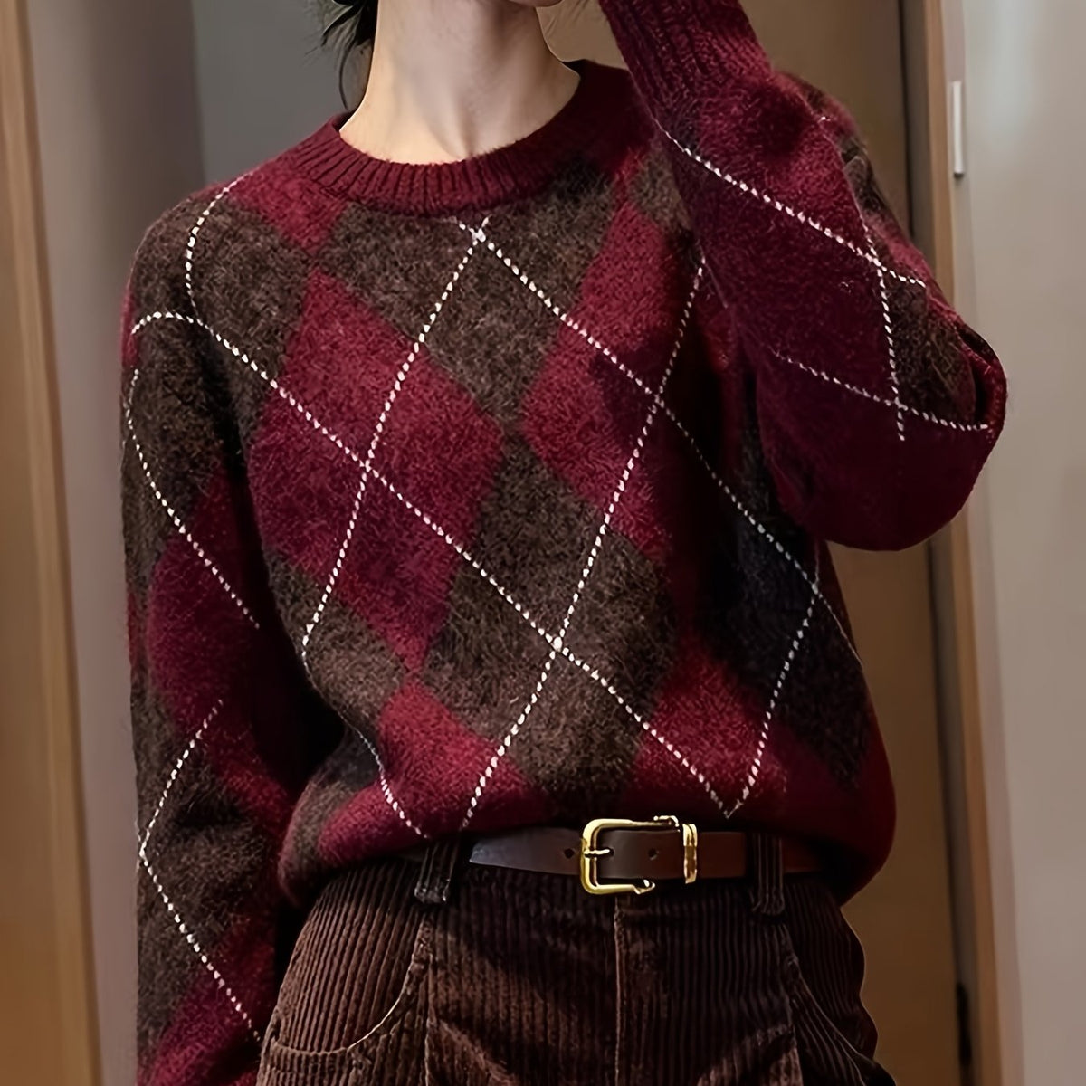 Diamond-Check Crew Neck Knit Jumper