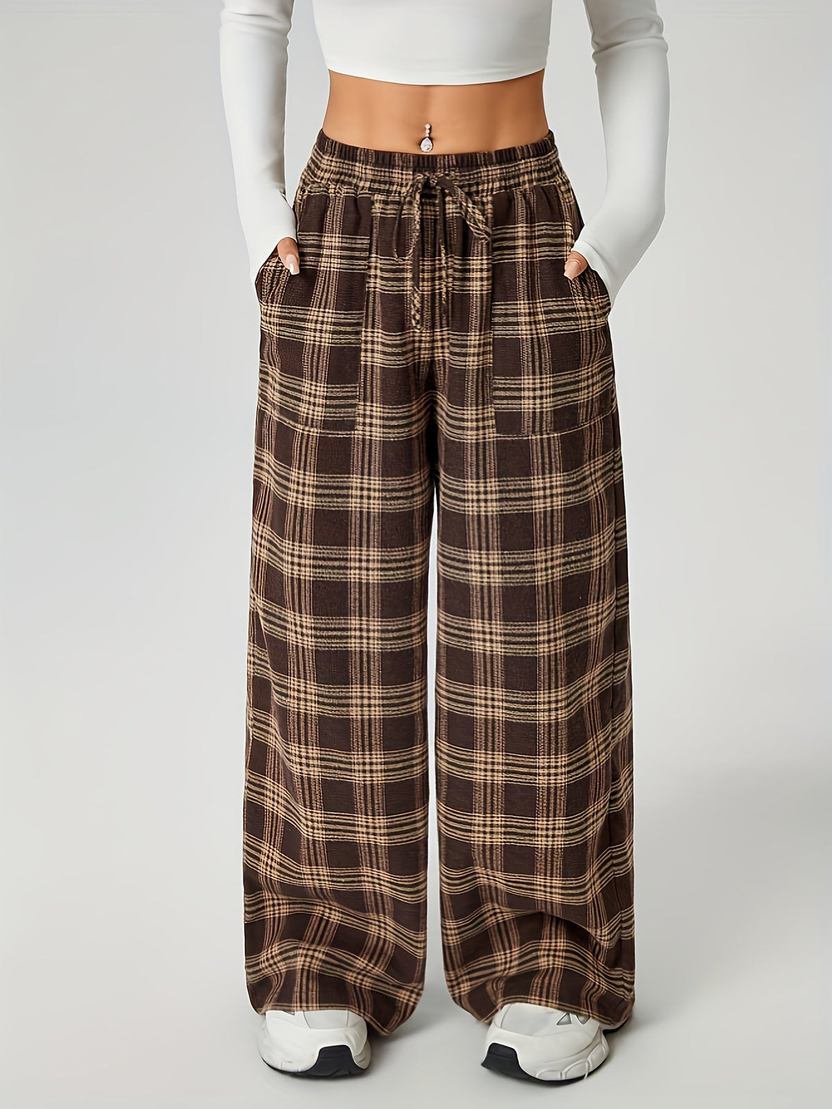Checked Wide-Leg Drawstring Trousers
