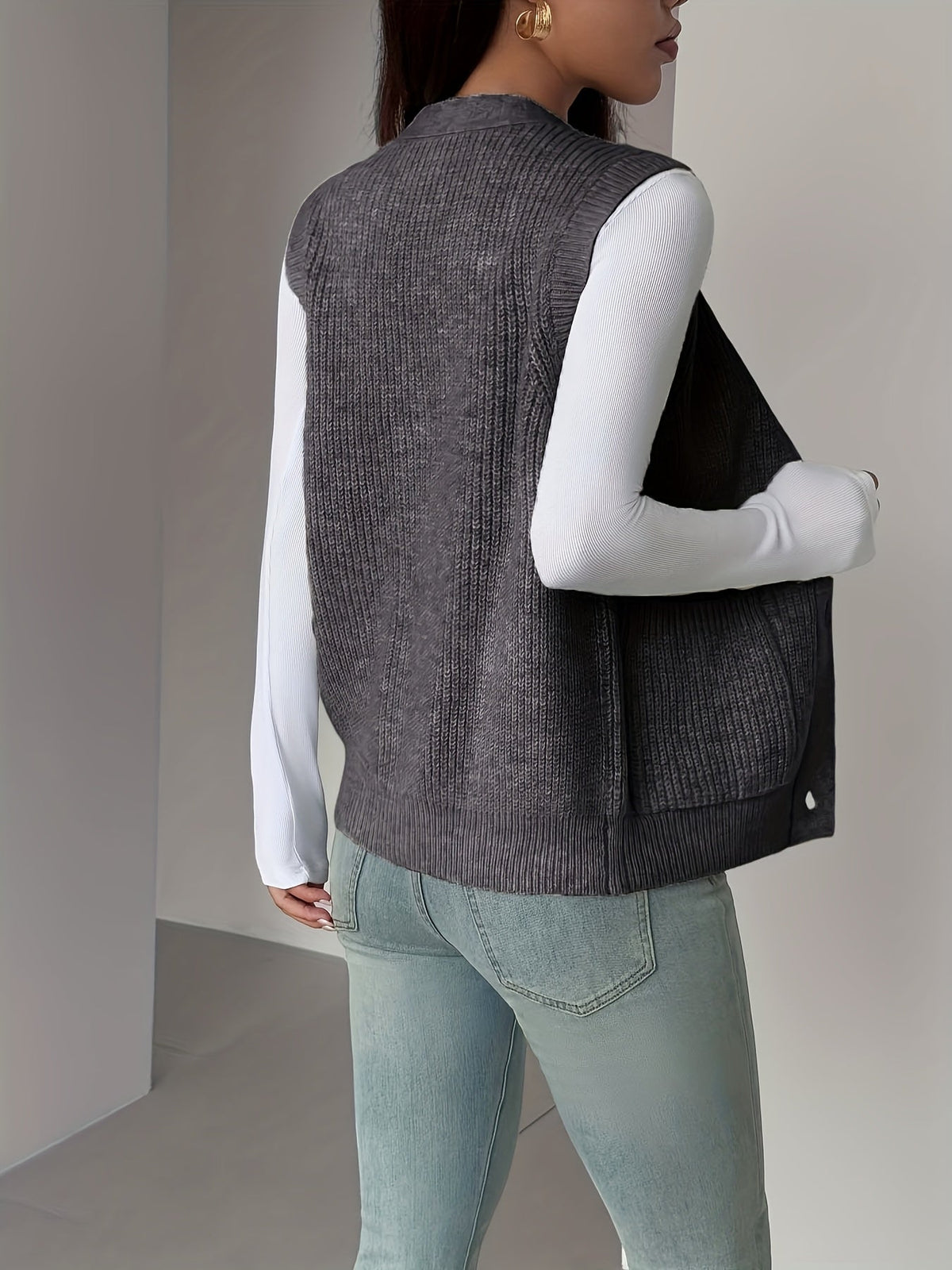 V-Neck Knit Sleeveless Button-Front Vest
