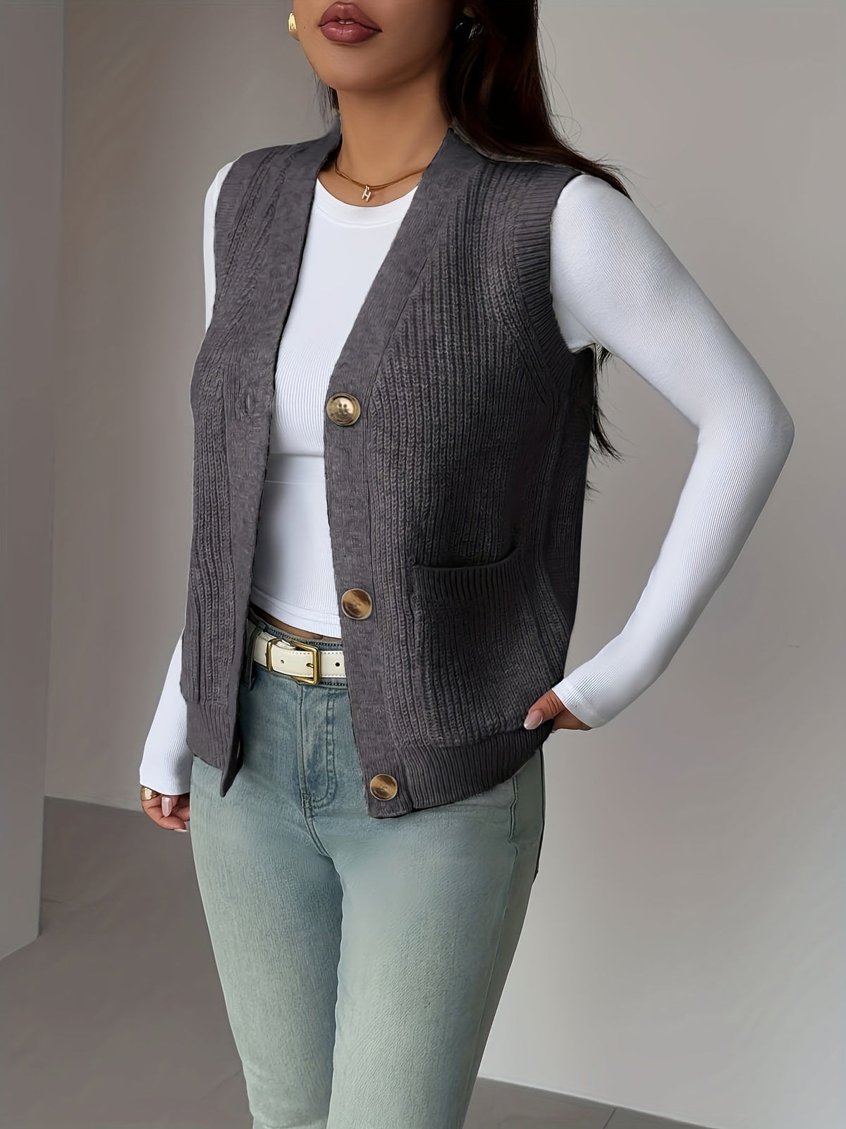 V-Neck Knit Sleeveless Button-Front Vest