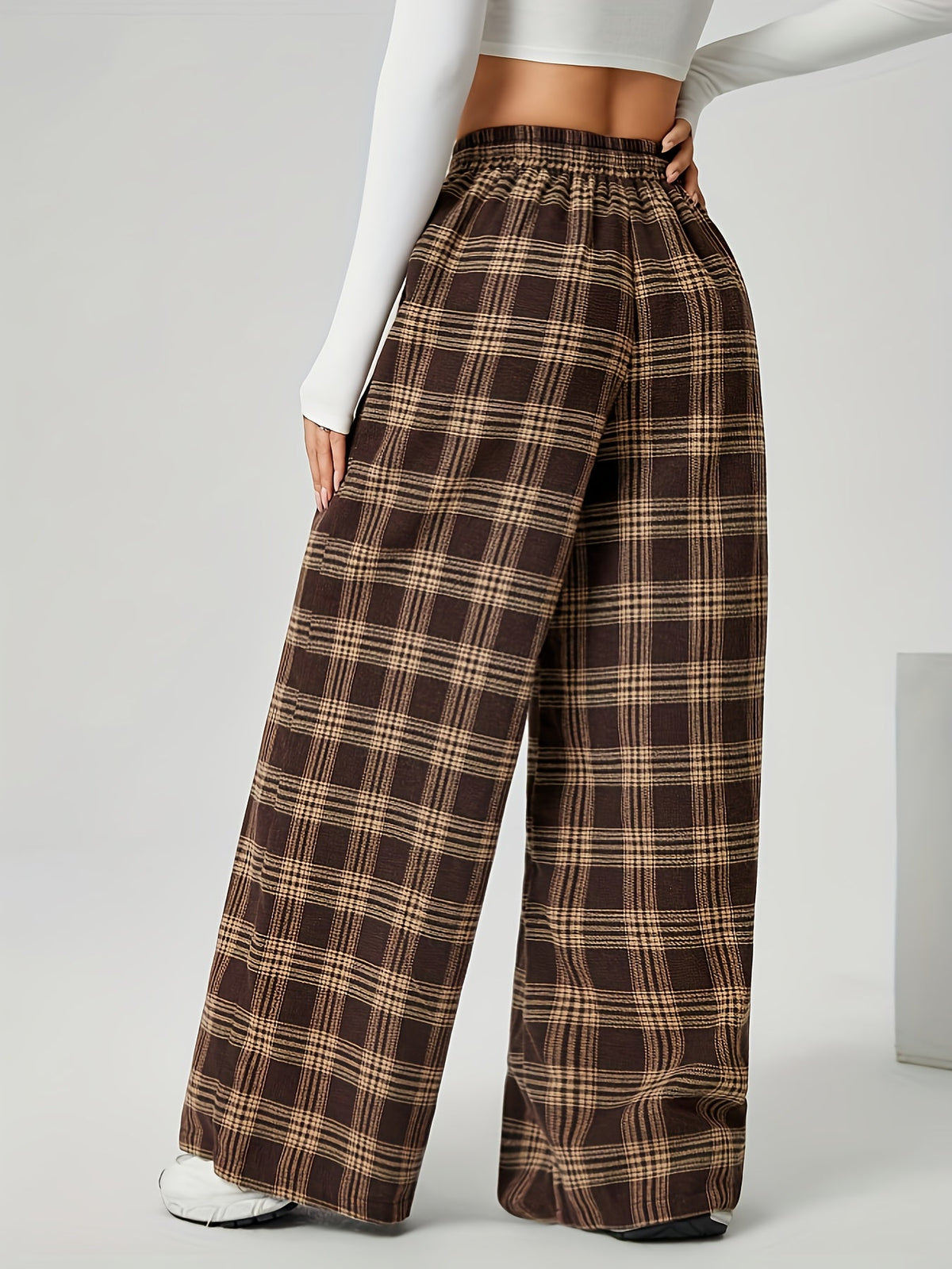 Checked Wide-Leg Drawstring Trousers