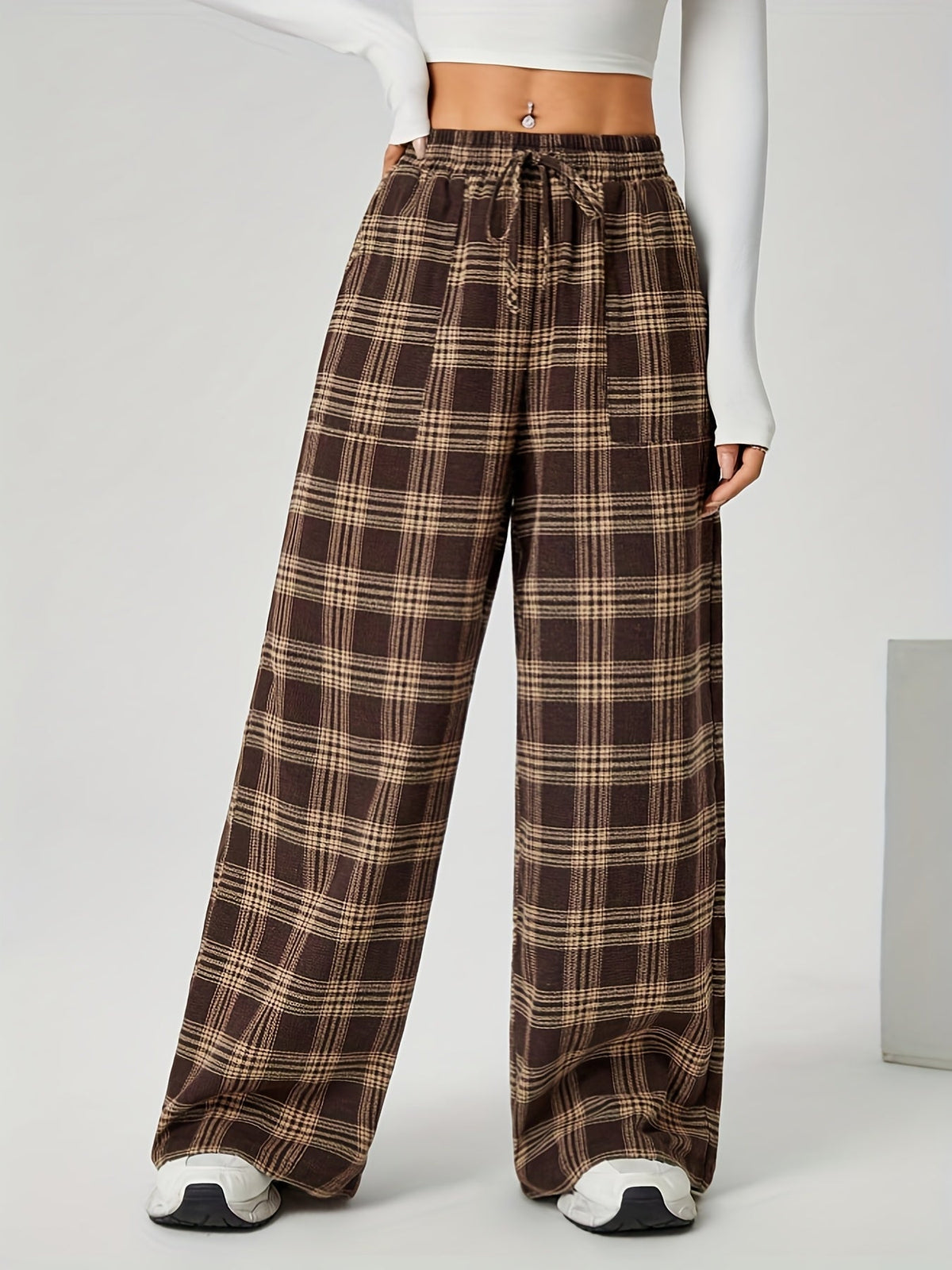 Checked Wide-Leg Drawstring Trousers