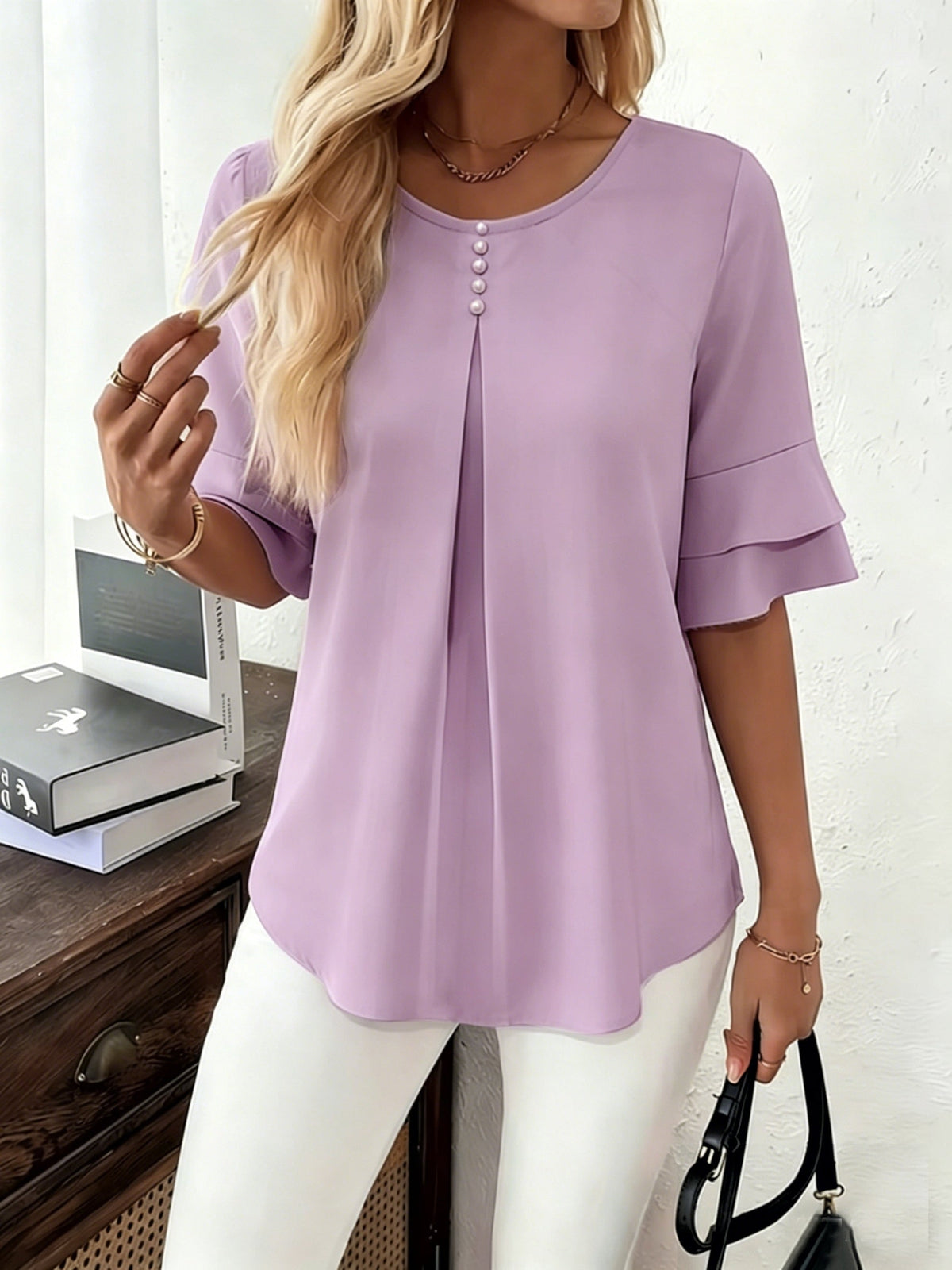 Softly Draped Ruffle-Sleeve Blouse