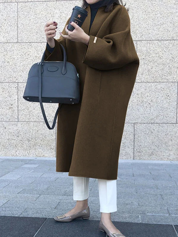 Women's Longline Wool-Blend Coat Open Front Relaxed Fit