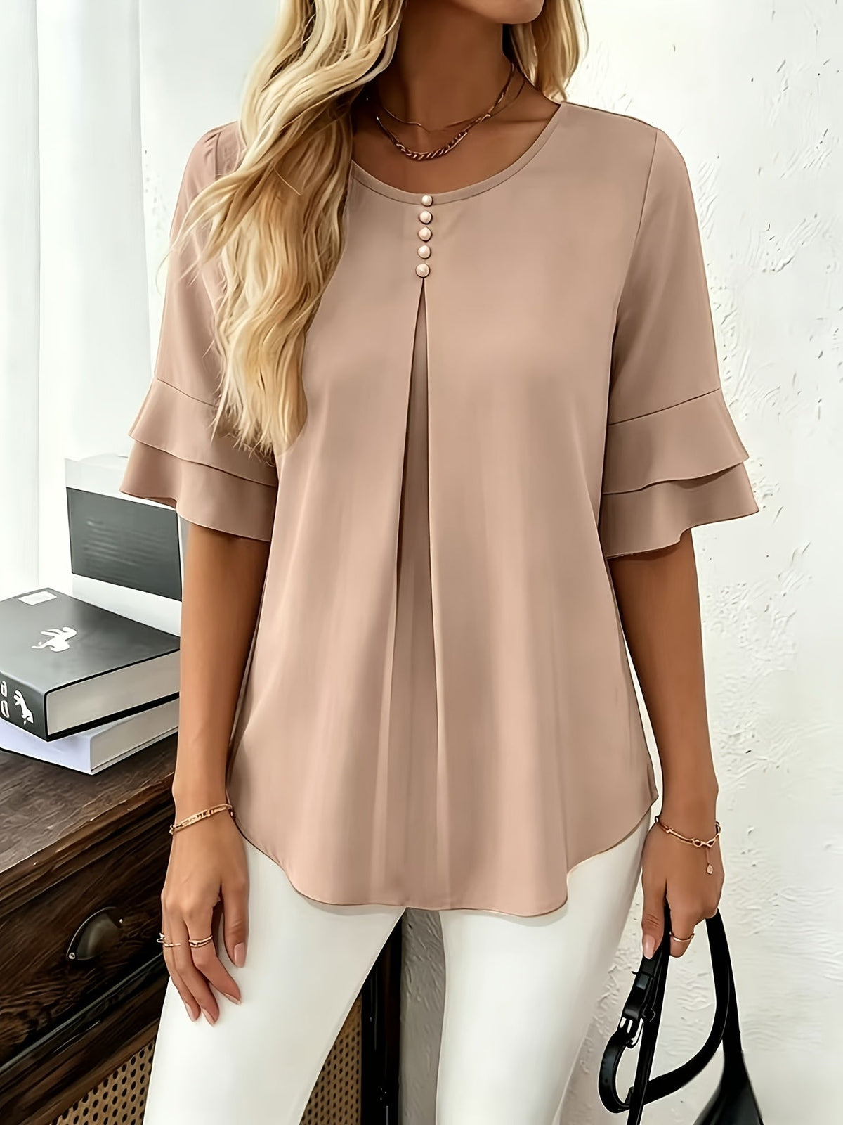 Softly Draped Ruffle-Sleeve Blouse