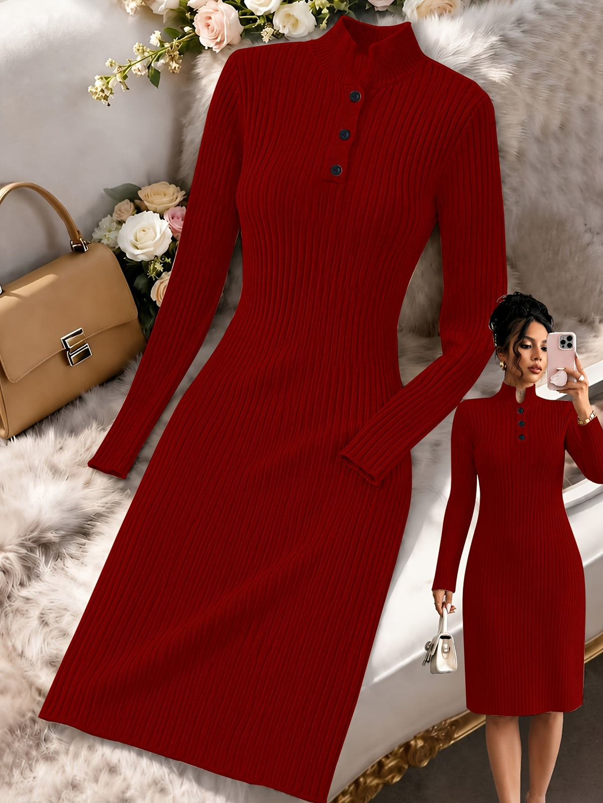 Ribbed V-Neck Knit Midi Dress