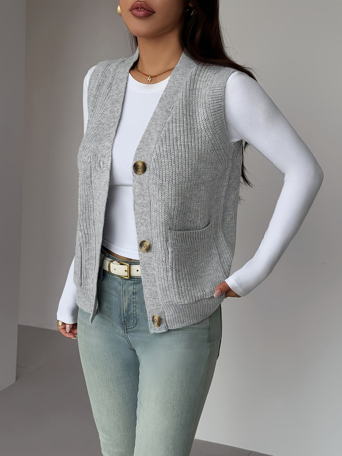 V-Neck Knit Sleeveless Button-Front Vest