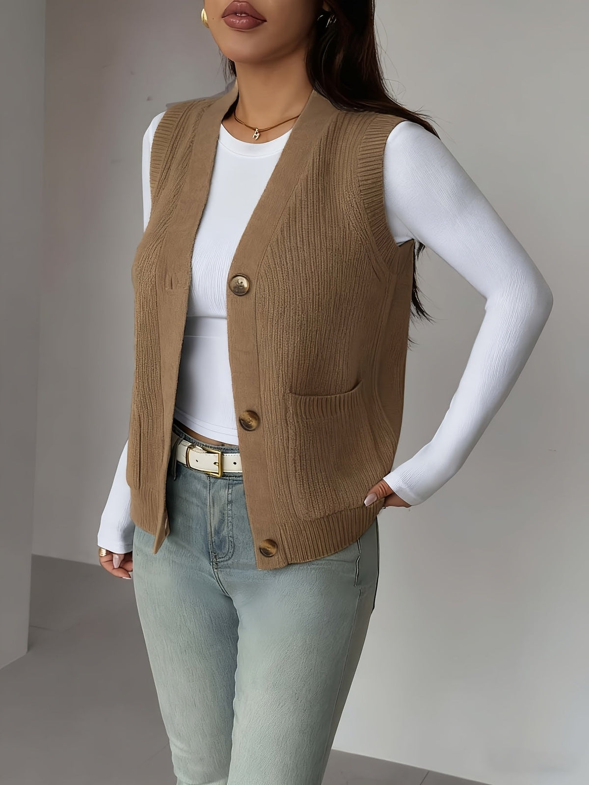 V-Neck Knit Sleeveless Button-Front Vest