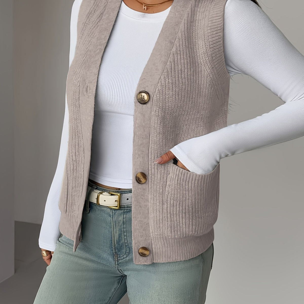 V-Neck Knit Sleeveless Button-Front Vest