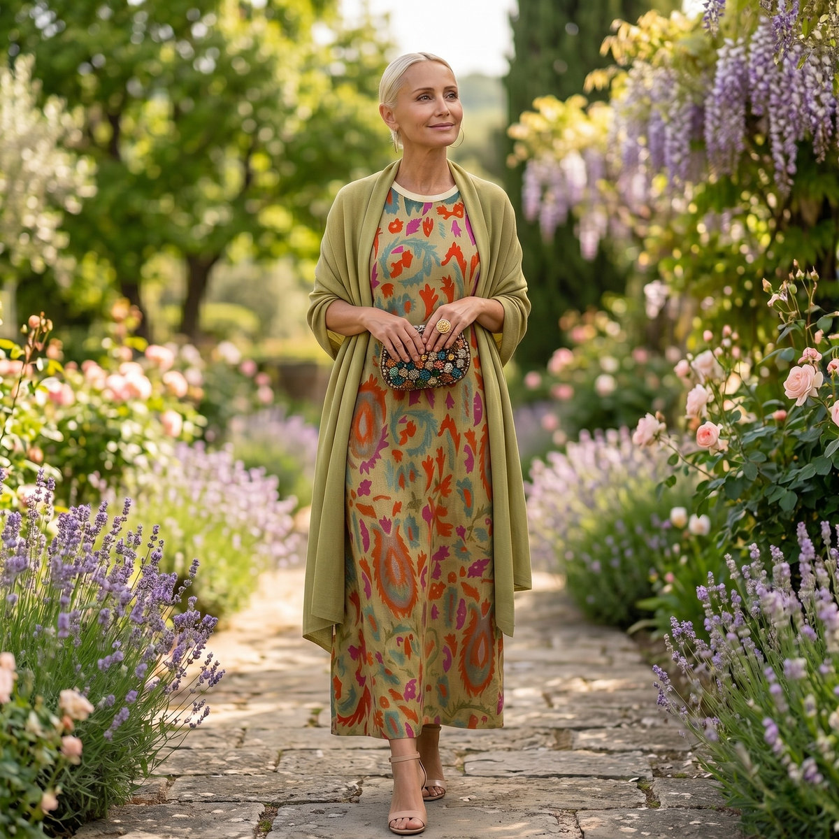Long Printed Dress with Coordinated Waistcoat