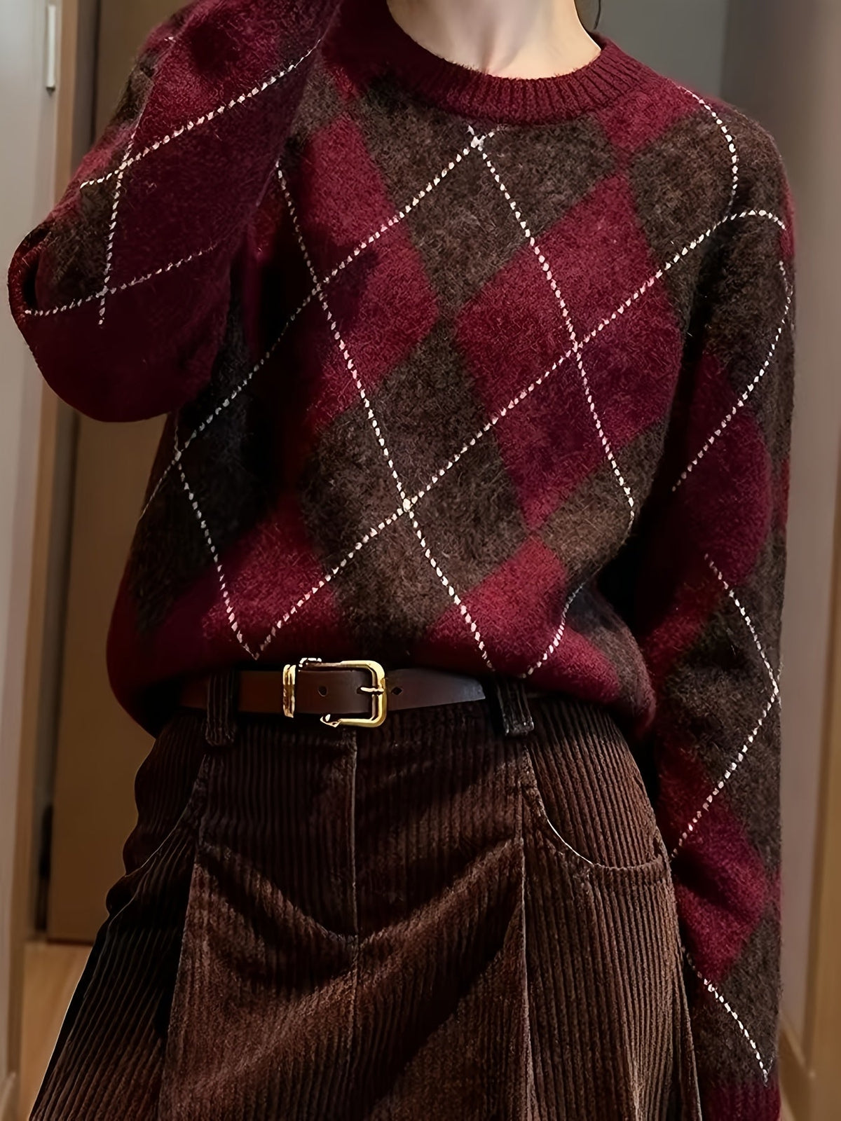 Diamond-Check Crew Neck Knit Jumper