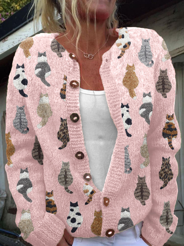 Cat Print Button Knit Cardigan