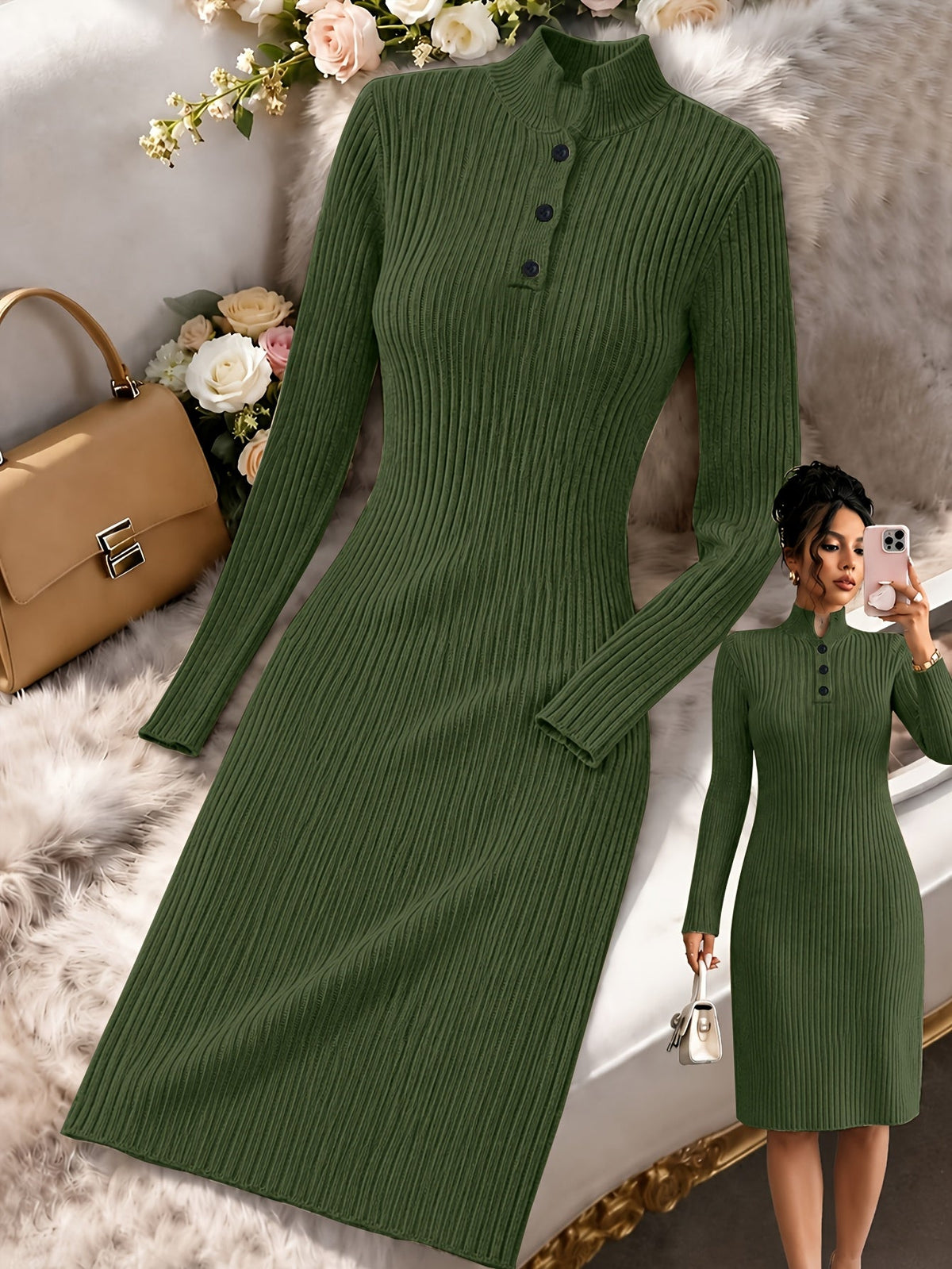 Ribbed V-Neck Knit Midi Dress