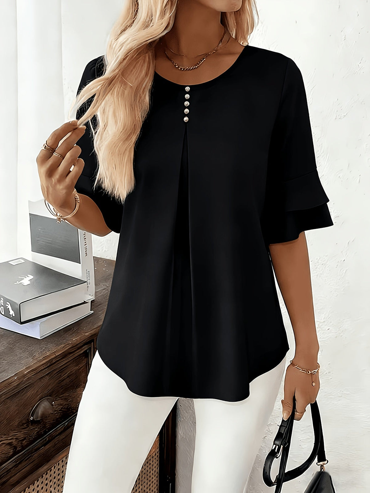 Softly Draped Ruffle-Sleeve Blouse