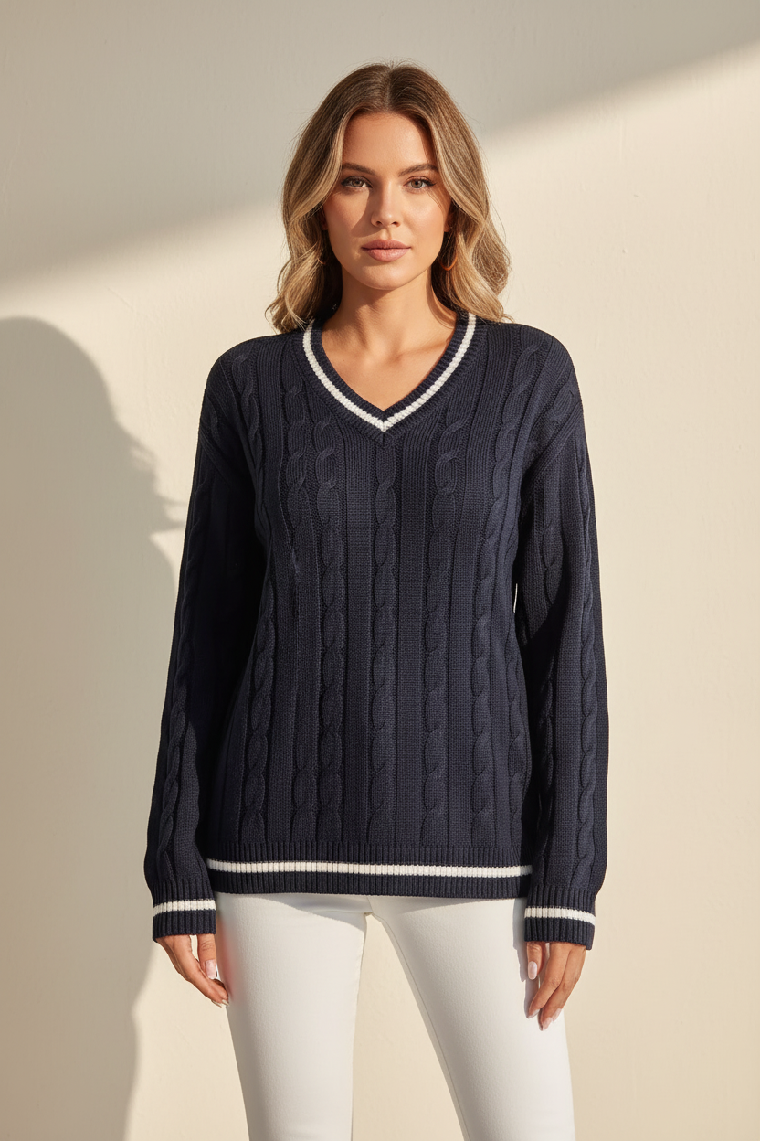 Cable Knit V-Neck Striped Sweater