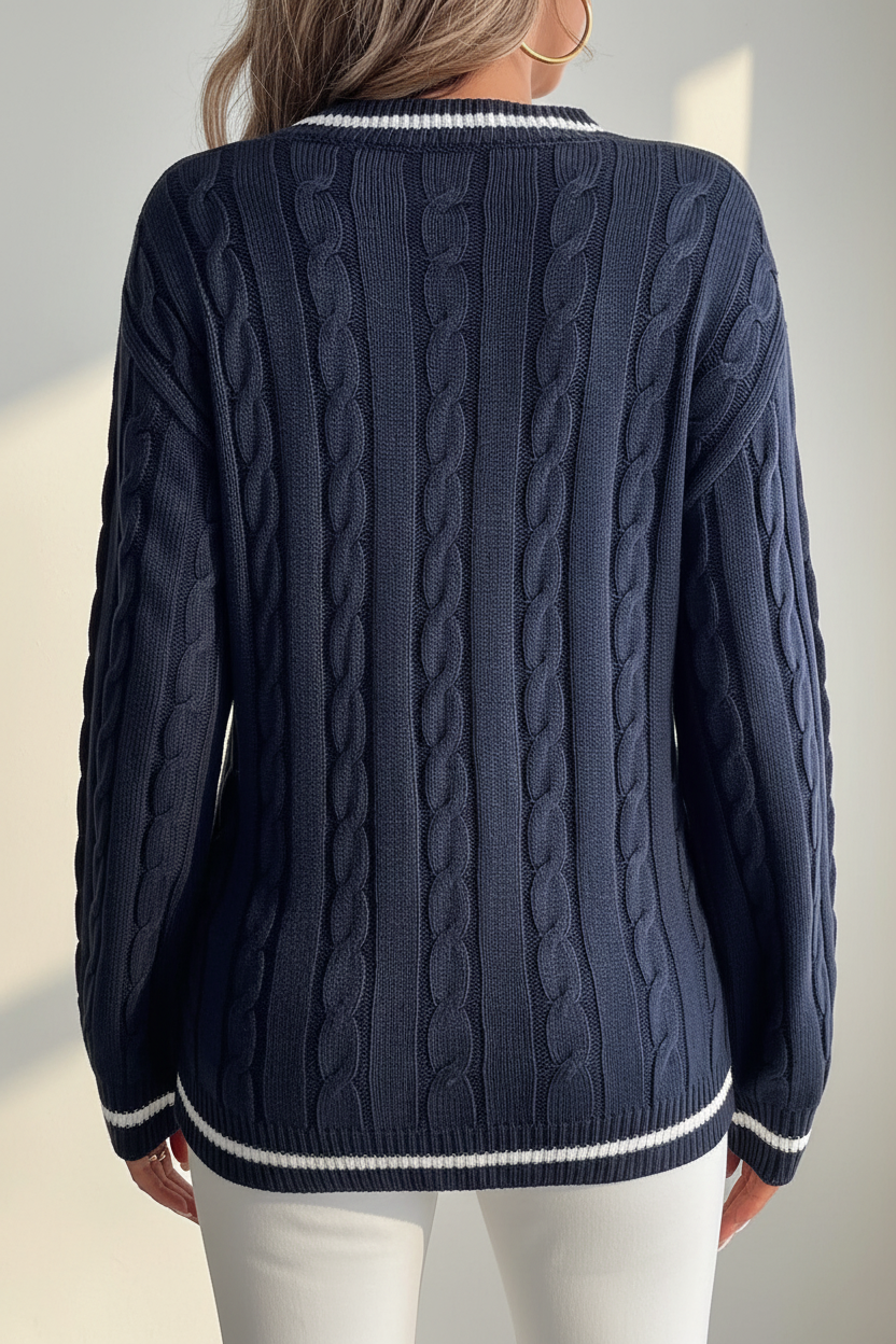 Cable Knit V-Neck Striped Sweater