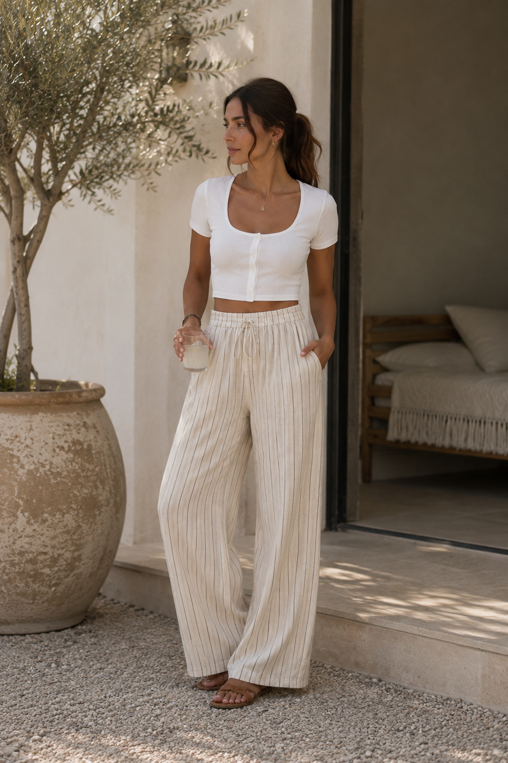 Striped Linen Blend Wide Leg Trousers