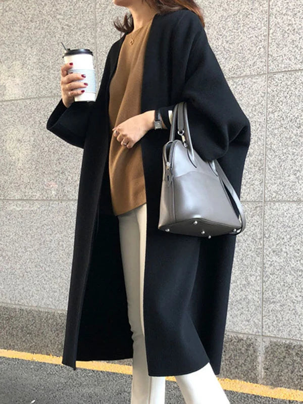 Women's Longline Wool-Blend Coat Open Front Relaxed Fit