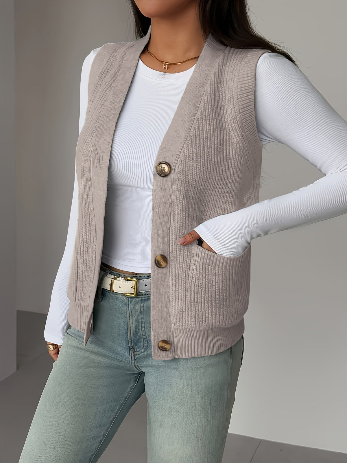 V-Neck Knit Sleeveless Button-Front Vest
