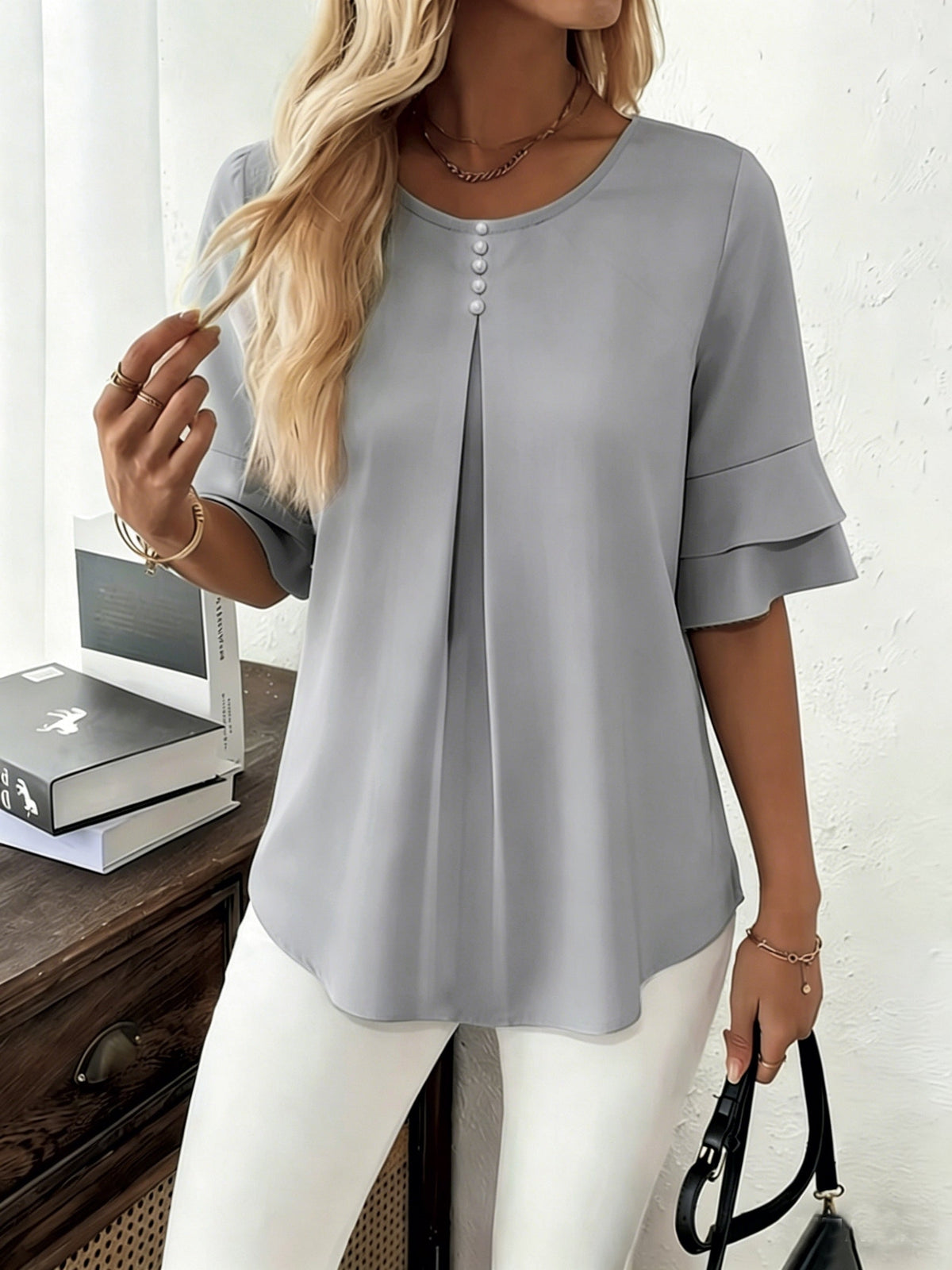 Softly Draped Ruffle-Sleeve Blouse