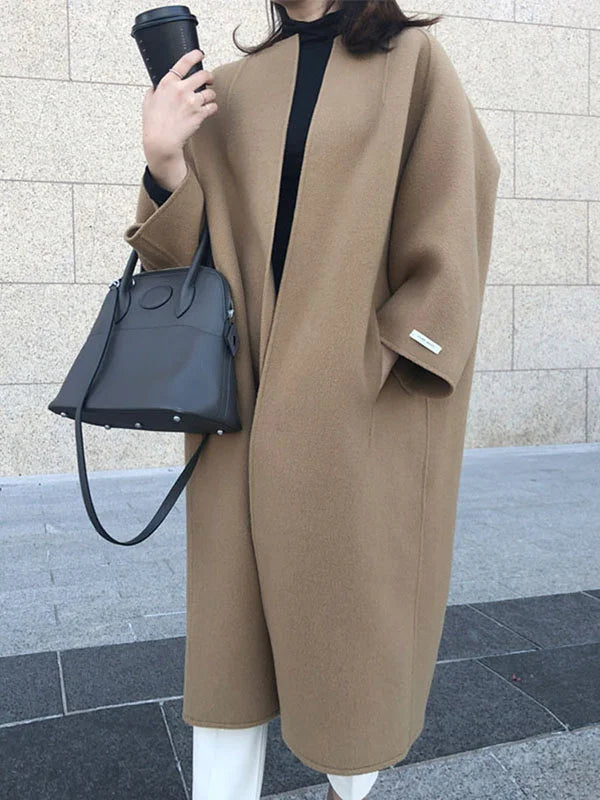 Women's Longline Wool-Blend Coat Open Front Relaxed Fit