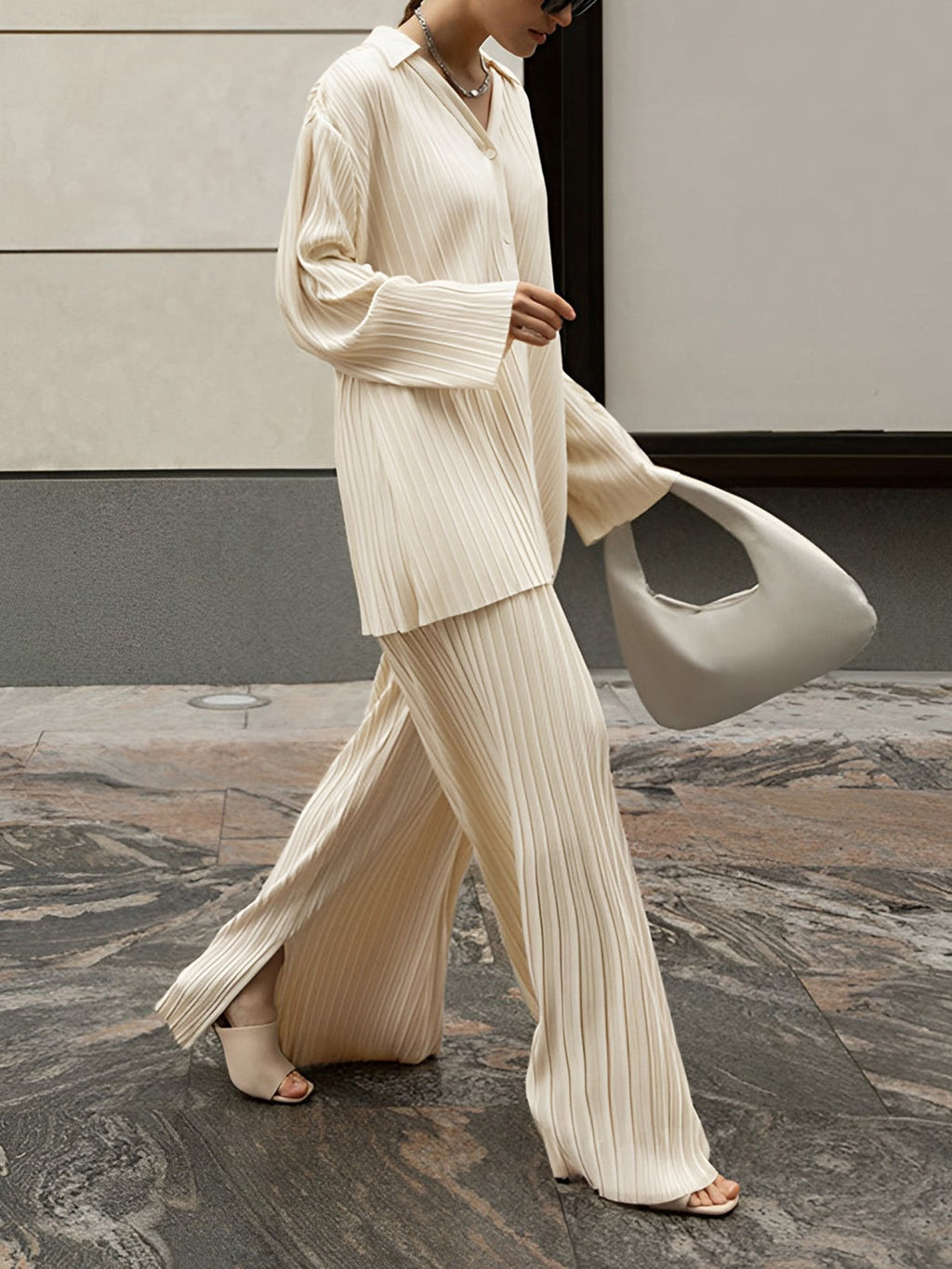 Pleated Shirt Wide Leg Co-Ord Set