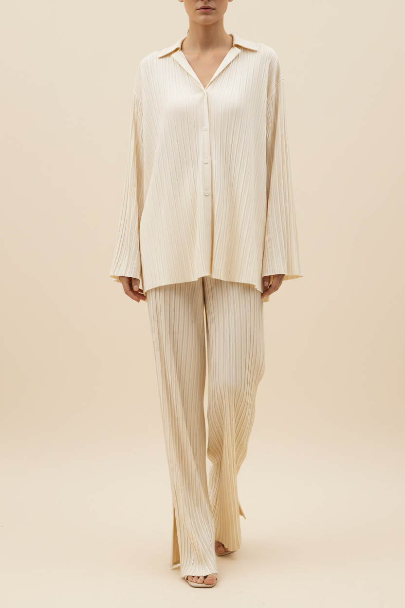 Pleated Shirt Wide Leg Co-Ord Set