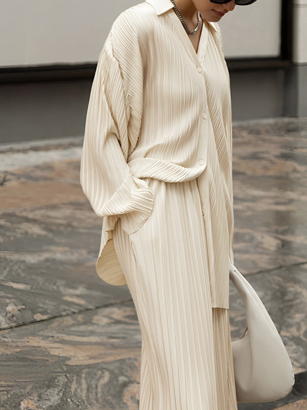 Pleated Shirt Wide Leg Co-Ord Set
