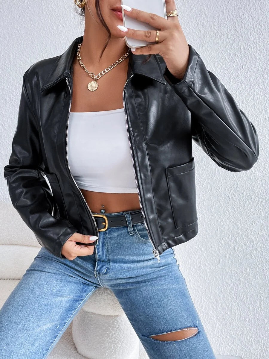 Cropped Vegan Leather Zip Jacket