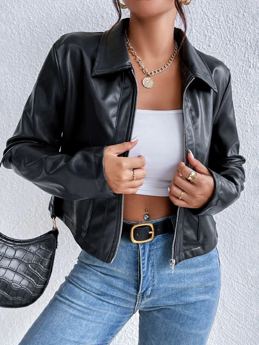 Cropped Vegan Leather Zip Jacket