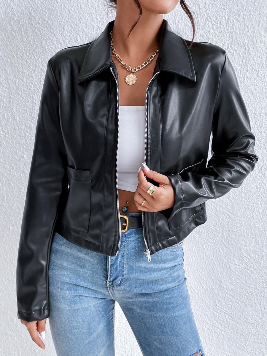 Cropped Vegan Leather Zip Jacket