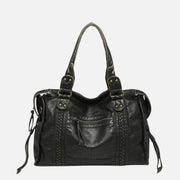 Black Leather Shoulder Bag with Braided Trim and Side Ties