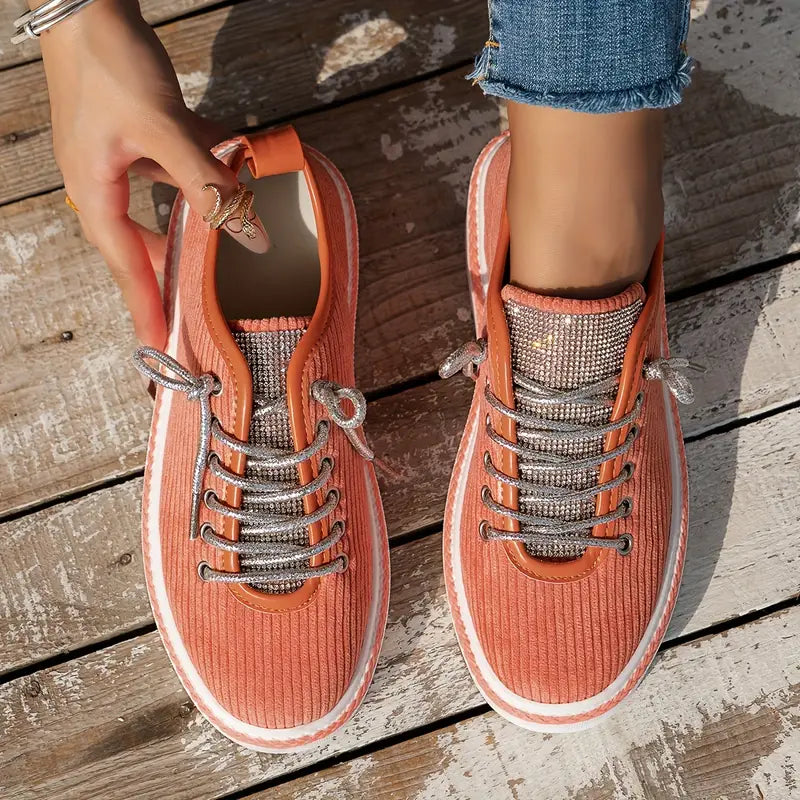 Women's Rhinestone Lace-Up Sneakers with Cushioned Sole