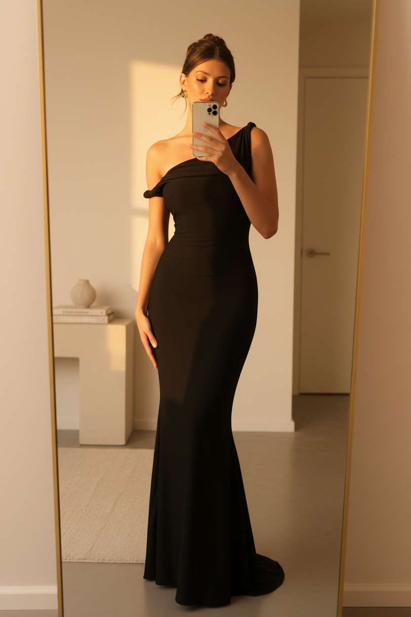 Black Asymmetric Bodycon Maxi Dress