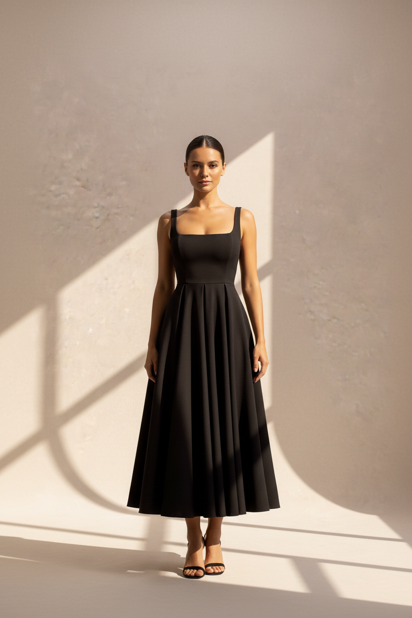 Black Square Neck Midi Dress